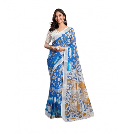 Generic Women's Faux_Linen Printed Ready-to-Wear Saree With Unstitched Blouse 5.5 Mtr (Blue)
