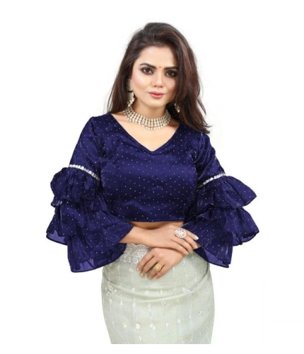 Generic Women's Organza Solid V Neck Layered Ruffle Sleeve Readymade Blouse (Navy Free Size , up to 38–40 Bust)-PID65855