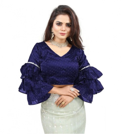 Generic Women's Organza Solid V Neck Layered Ruffle Sleeve Readymade Blouse (Navy Free Size , up to 38–40 Bust)-PID65855 Generic Women's Organza Solid V Neck Layered Ruffle Sleeve Readymade Blouse (Navy Free Size , up to 38–40 Bust)-PID65855