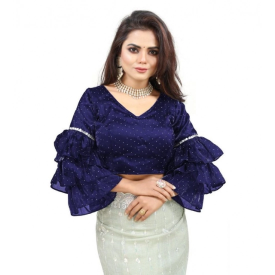 Generic Women's Organza Solid V Neck Layered Ruffle Sleeve Readymade Blouse (Navy Free Size , up to 38–40 Bust)-PID65855 Generic Women's Organza Solid V Neck Layered Ruffle Sleeve Readymade Blouse (Navy Free Size , up to 38–40 Bust)-PID65855