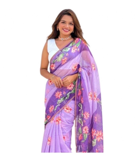 Generic Women's Linen Printed Saree With Unstitched Blouse 5.5Mtr (Purple)