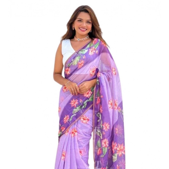 Generic Women's Linen Printed Saree With Unstitched Blouse 5.5Mtr (Purple)