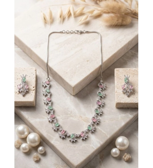 Generic Women's Brass Silver Plated Necklace set (Multicolor)