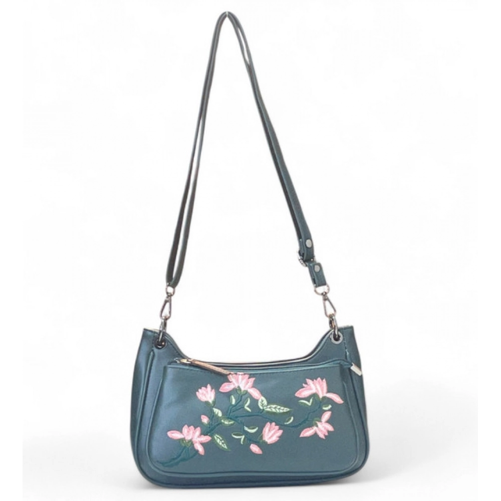 Generic Women's Polyurethane Floral Embroidered Crossbody Sling Bag with Adjustable & Removable Strap (Light Blue)