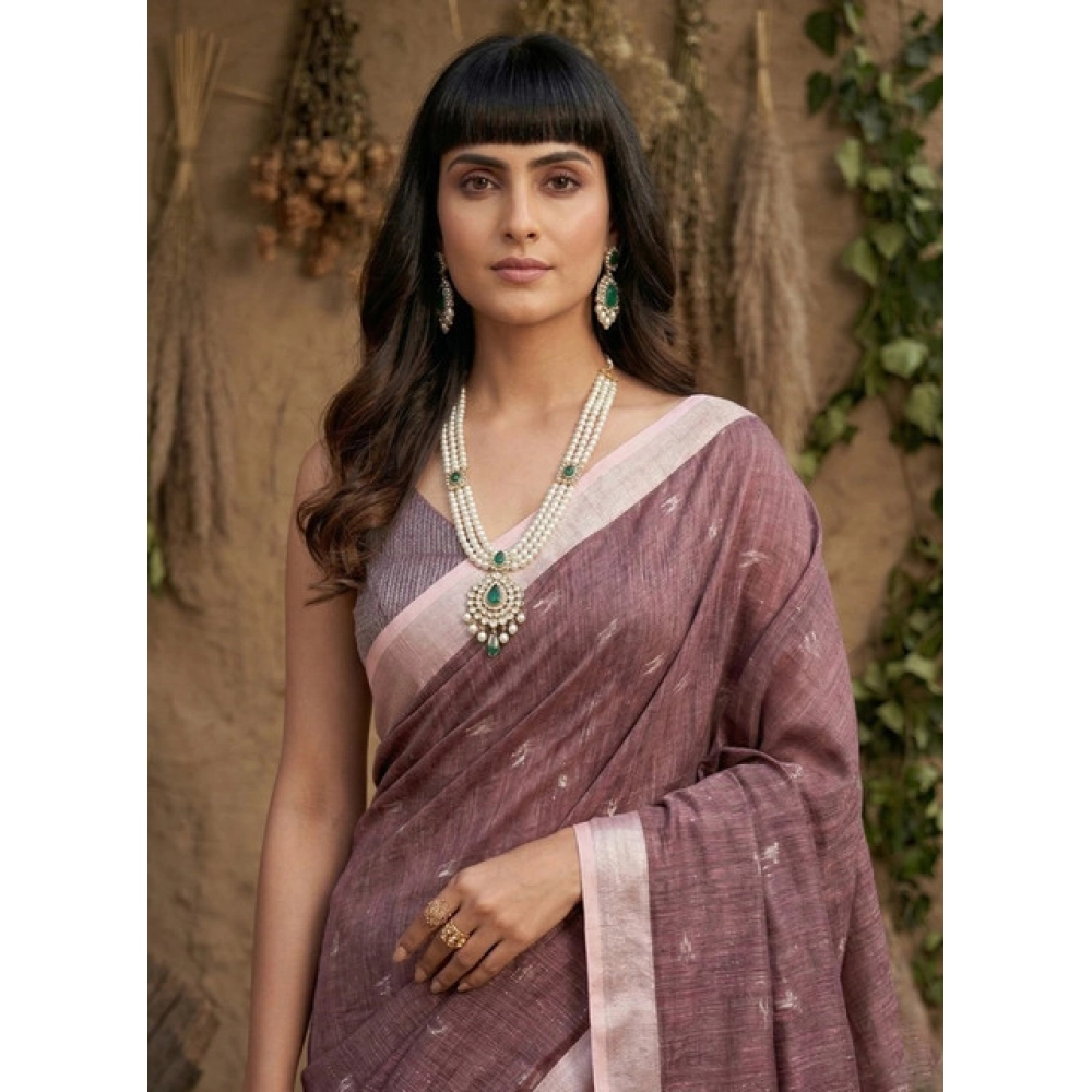 Generic Women's Linen Cotton Printed Saree With Unstitched Blouse 5.5Mtr (Purple)