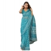 Generic Women's Faux Linen Floral Print Ready to wear Saree With Unstitched Blouse 5.5Mtr (AquaBlue)