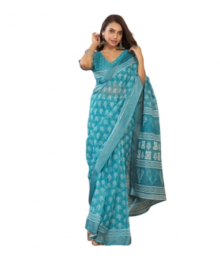 Generic Women's Faux Linen Floral Print Ready to wear Saree With Unstitched Blouse 5.5Mtr (AquaBlue)