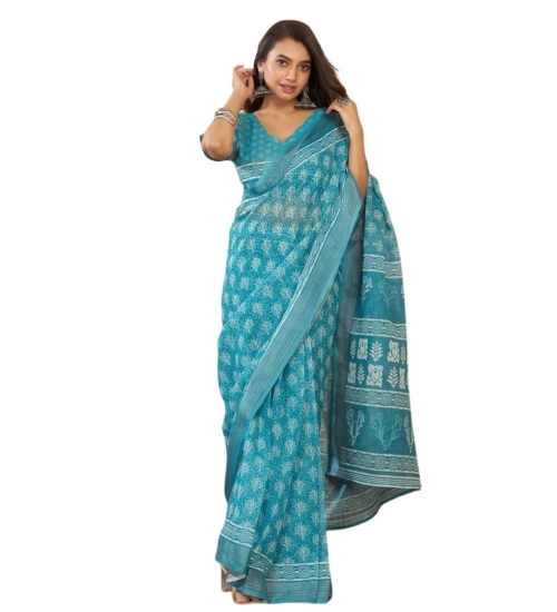 Generic Women's Faux Linen Floral Print Ready to wear Saree With Unstitched Blouse 5.5Mtr (AquaBlue)