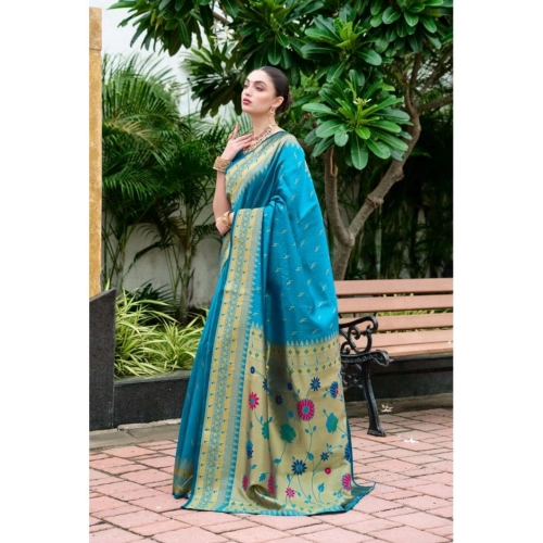 Women's Silk Blend Paithani Weaving Saree With Unstitched Blouse 5.5Mtr (Aqua)