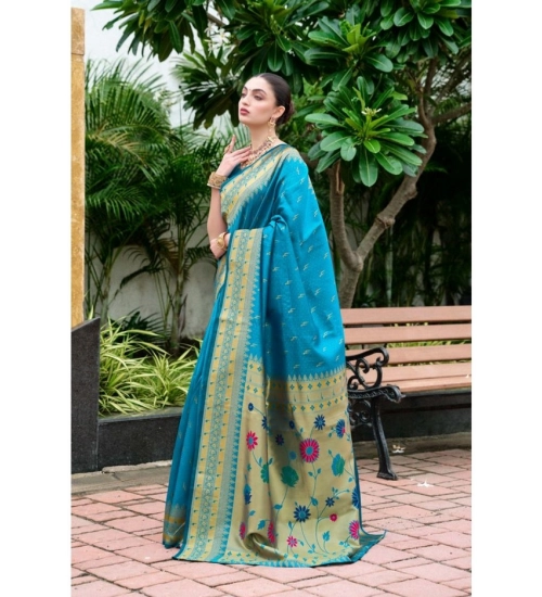 Generic Women's Silk Blend Paithani Weaving Saree With Unstitched Blouse 5.5Mtr (Aqua)