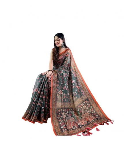 Generic Women's Linen Printed Saree With Unstitched Blouse 5.5Mtr (Green)