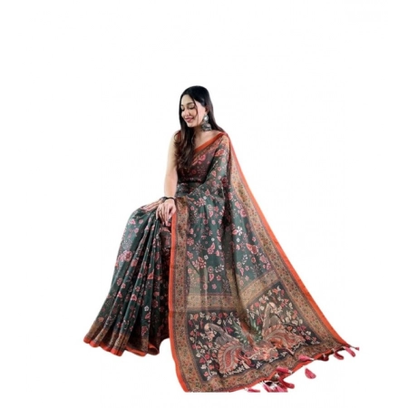 Generic Women's Linen Printed Saree With Unstitched Blouse 5.5Mtr (Green)