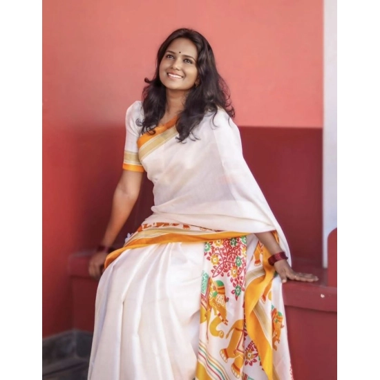 Generic Women's Linen Printed Saree With Unstitched Blouse 5.5Mtr (White)