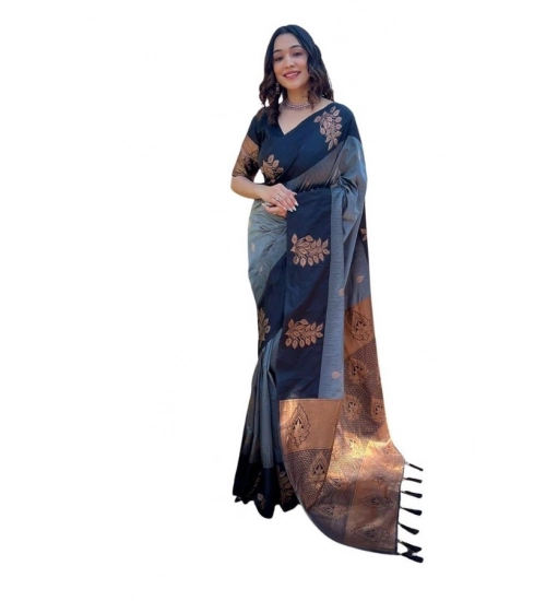 Generic Women's Soft Lichi Silk Printed Saree With Unstitched Blouse 5.5Mtr (Grey)