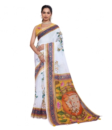 Generic Women's Linen Floral Printed Saree With Unstitched Blouse 5.5Mtr (White)