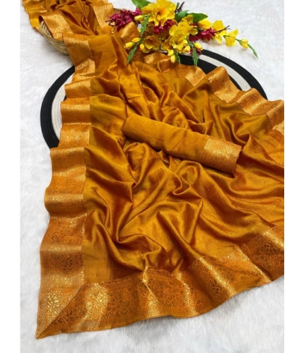 Generic Women's Vichitra Silk Printed Saree With Unstitched Blouse 5.5Mtr (Mustard)