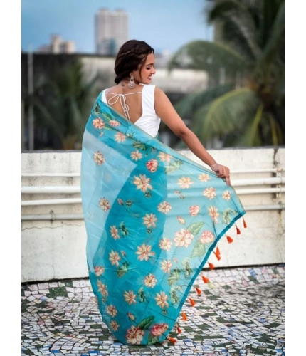 Generic Women's Linen Printed Saree With Unstitched Blouse 5.5Mtr (Aqua)