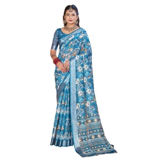 Generic Women's Printed Cotton Linen Saree withPrinted  Saree With Unstitched Blouse (Blue, 5-6Mtrs)