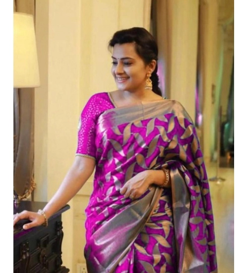 Generic Women's Litchi silk Printed Saree With Unstitched Blouse (Pink)