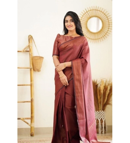 Generic Women's Litchi silk Printed Saree With Unstitched Blouse (Maroon)