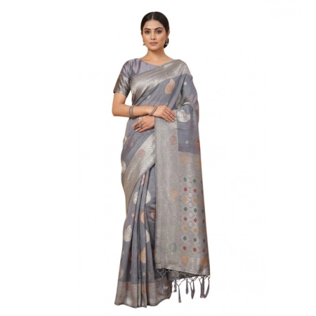 Generic Women's Linen Cotton Printed Saree With Unstitched Blouse 5.5Mtr (Grey)