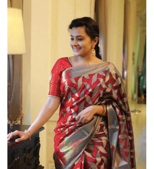 Generic Women's Litchi silk Printed Saree With Unstitched Blouse (Red)