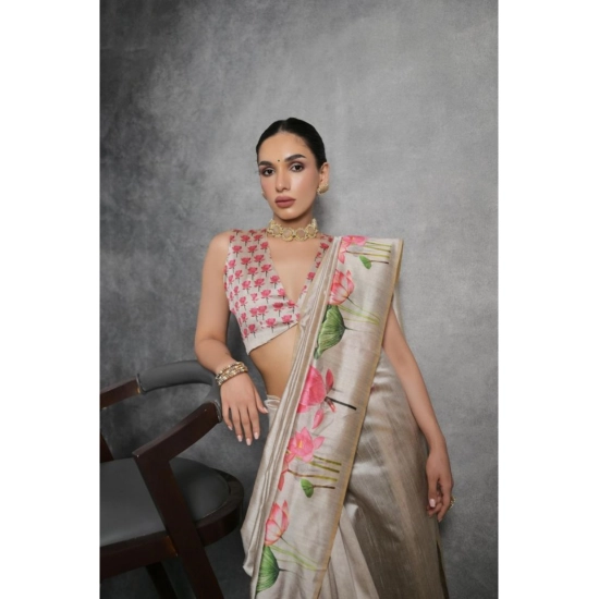 Generic Women's Cotton Printed Saree With Unstitched Blouse 5.5 Mtr (Cream)