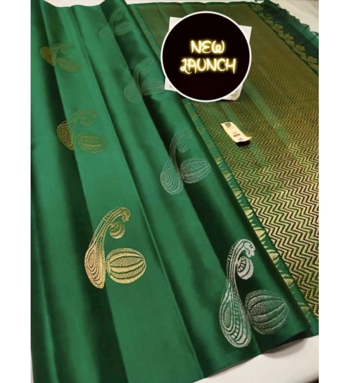 Generic Women's Soft Litchi Silk Jacquard Work Saree With Unstitched Blouse 5.5Mtr (Green)