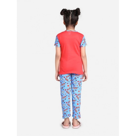 Generic Girl's Cotton Hosiery Printed Night Suit Set (Red-Blue) Generic Girl's Cotton Hosiery Printed Night Suit Set (Red-Blue)