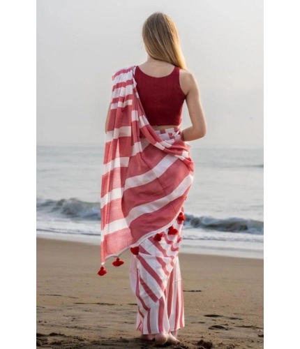 Generic Women's Linen Printed Saree With Unstitched Blouse 5.5Mtr (Red)