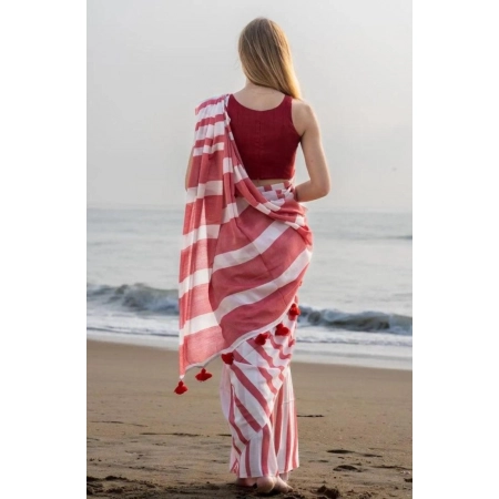 Generic Women's Linen Printed Saree With Unstitched Blouse 5.5Mtr (Red)