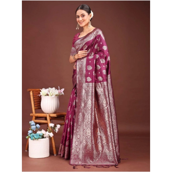 Generic Women's Banarasi Silk Printed Saree With Unstitched Blouse 5.5Mtr (Purple)