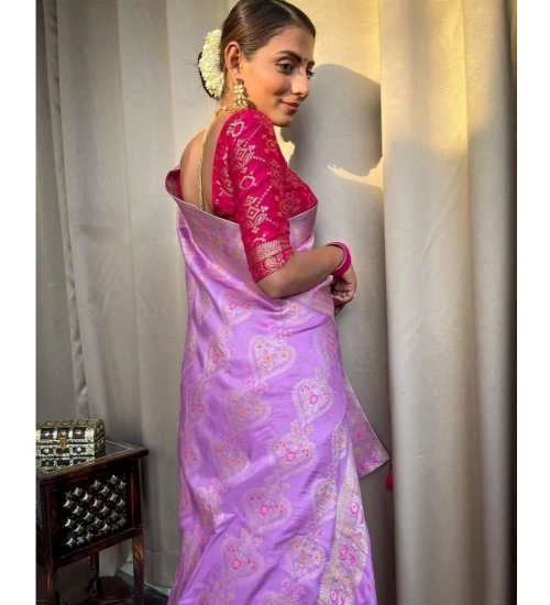 Generic Women's Soft Litchi Silk Jacquard Work Saree With Unstitched Blouse 5.5Mtr (Lavender)