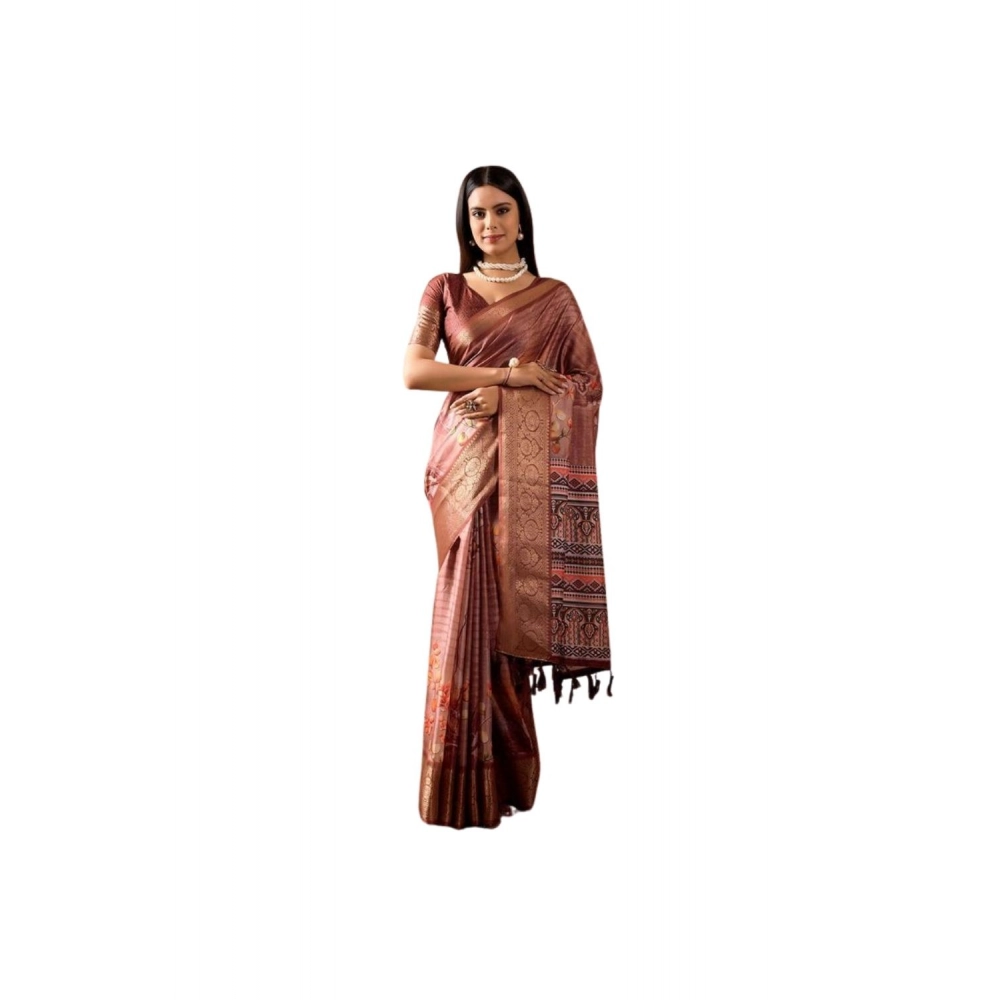 Generic Women's Faux_Silk Printed Saree With Unstitched Blouse 5.5Mtr (Brown)