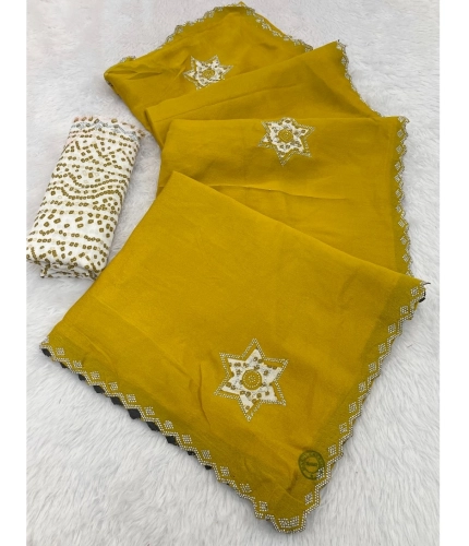 Generic Women's Chiffon Butti Dotted Saree With Unstitched Blouse 5.5Mtr (Yellow)