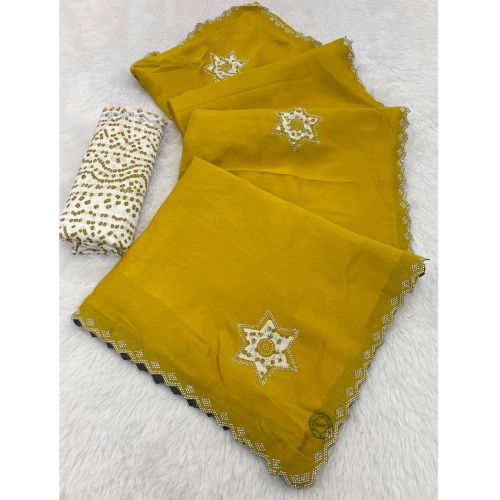 Generic Women's Chiffon Butti Dotted Saree With Unstitched Blouse 5.5Mtr (Yellow)