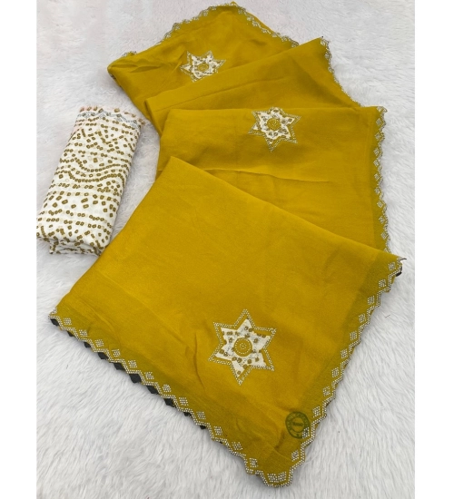 Generic Women's Chiffon Butti Dotted Saree With Unstitched Blouse 5.5Mtr (Yellow)