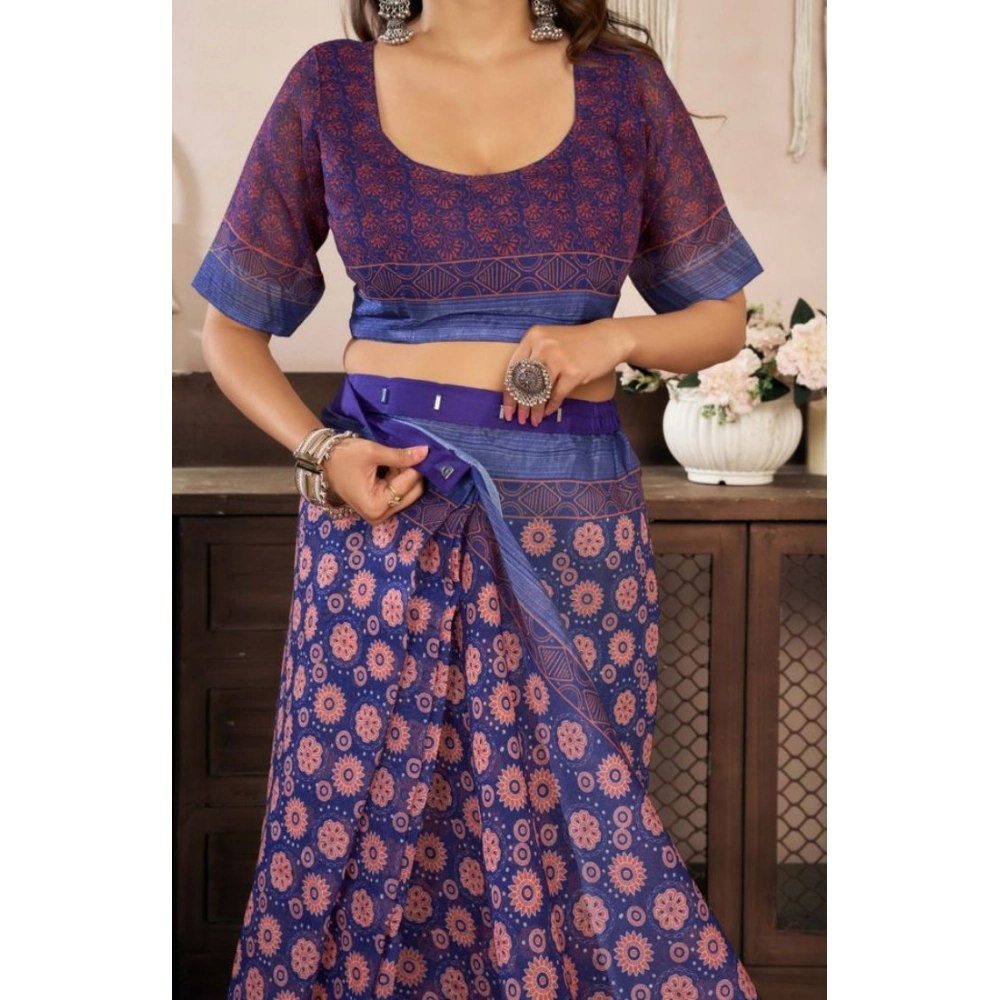 Generic Women's Faux Linen Floral Print Ready to wear Saree With Unstitched Blouse 5.5Mtr (Dark_NavyBlue)