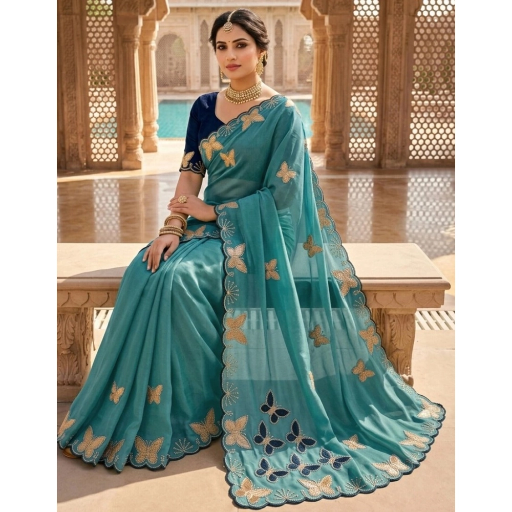 Generic Women's Star Georgette Embellished Saree With Unstitched Blouse 5.5Mtr (Blue)