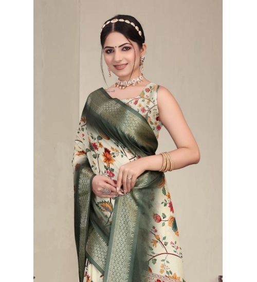 Generic Women's Cotton Silk  Printed Saree With Unstitched Blouse 5.5Mtr (Green)