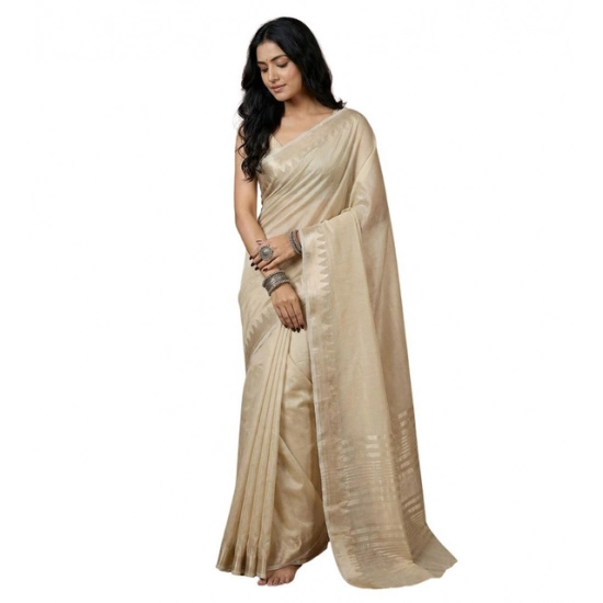 Generic Women's Cotton Printed Saree With Unstitched Blouse 5.5Mtr (Cream)