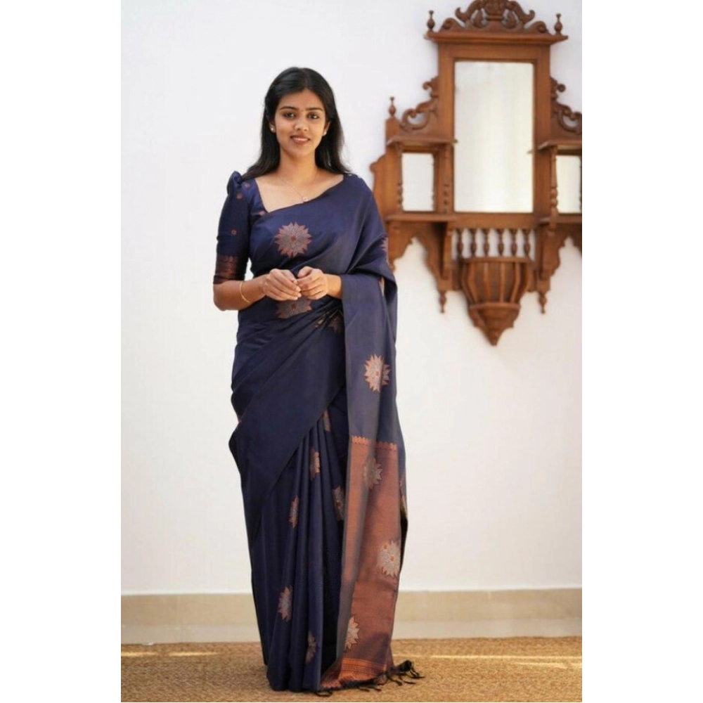 Generic Women's Litchi silk Printed Saree With Unstitched Blouse (Dark Blue)