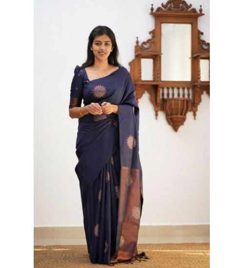 Generic Women's Litchi silk Printed Saree With Unstitched Blouse (Dark Blue)