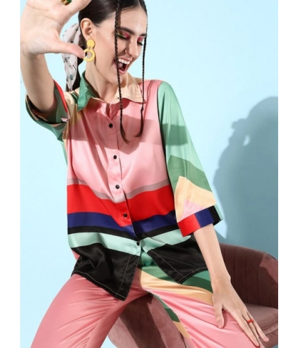 Generic Women's Satin Colour Block Long Sleeves Co-Ord Set (Multicolor)