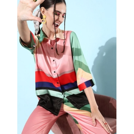 Generic Women's Satin Colour Block Long Sleeves Co-Ord Set (Multicolor) Generic Women's Satin Colour Block Long Sleeves Co-Ord Set (Multicolor)