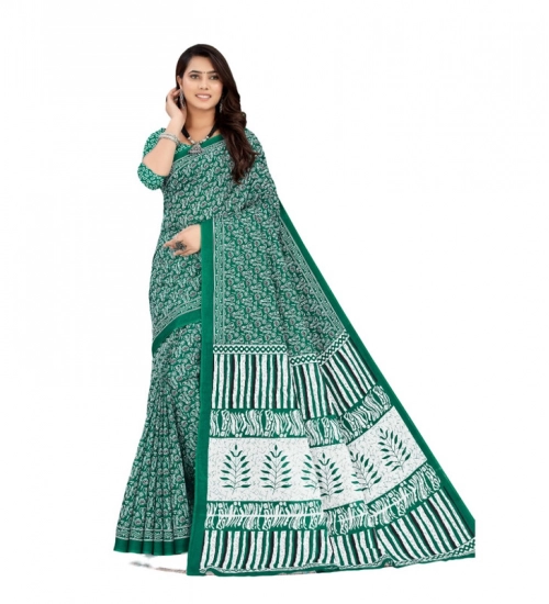 Generic Women's Soft Pure Cotton Printed Saree With Unstitched Blouse 5.5Mtr (Green)