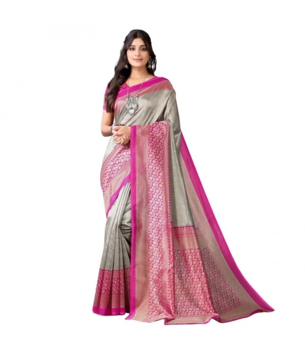 Generic Women's Litchi silk Printed Saree With Unstitched Blouse  5-6 Mtrs (Gray)