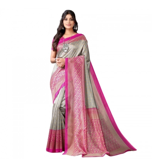 Generic Women's Litchi silk Printed Saree With Unstitched Blouse  5-6 Mtrs (Gray)