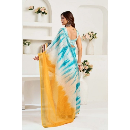 Generic Women's Linen Cotton Printed Ready To Wear Saree With Unstitched Blouse 5.5 Mtr (Aqua_Blue)