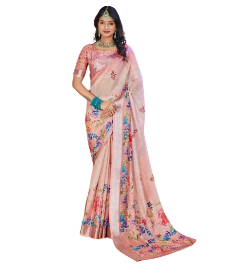 Generic Women's Printed Cotton Linen Saree withPrinted  Saree With Unstitched Blouse (Pink , 5-6Mtrs)